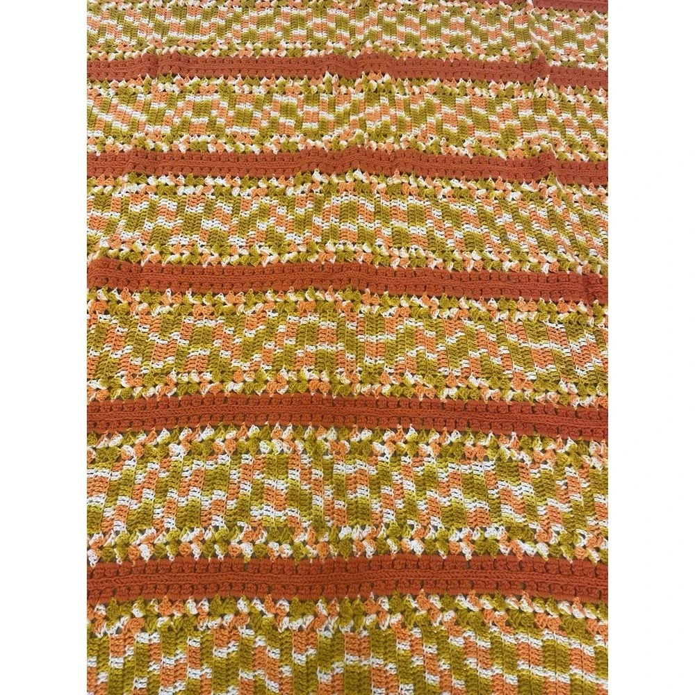 Vtg Lg 70s‎ Orange & Gold Crochet Afghan Sofa Throw Blanket 62